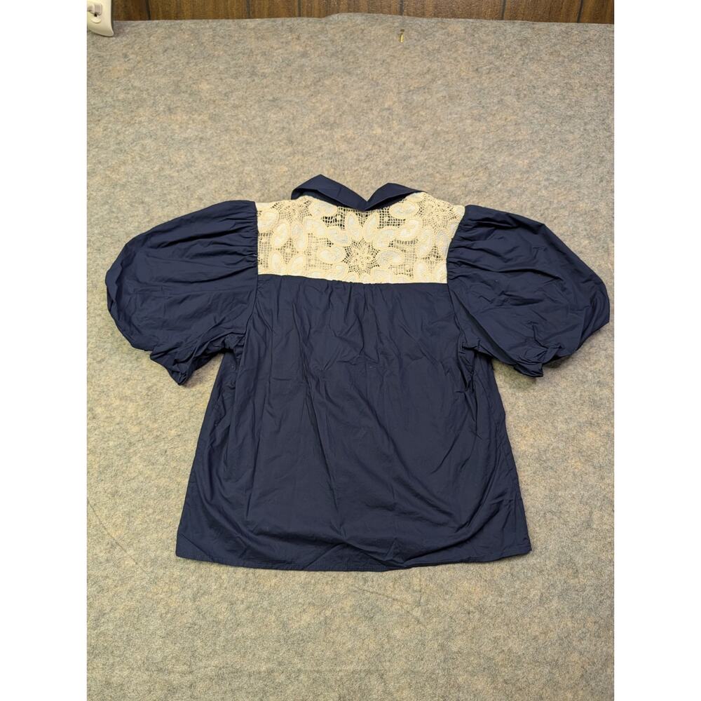 Avara Navy Crochet Lace Puff Sleeve Collared Top Medium Cotton Prairie Southern - Picture 8 of 8